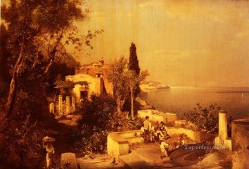 フランツ・リヒャルト・ウンターバーガー Painting - Les Pecheurs Sur La Terrasseの風景 Franz Richard Unterbergerの海の風景